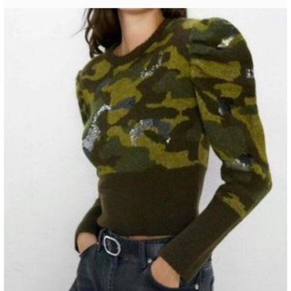 ZARA | Camo Sweater Cropped Sequin Details Military Green Sz LARGE - Picture 1 of 6